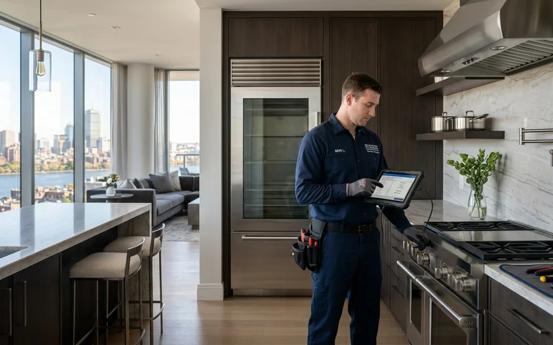 Factory certified master technician diagnosing luxury Sub-Zero and Wolf appliances in a Boston penthouse