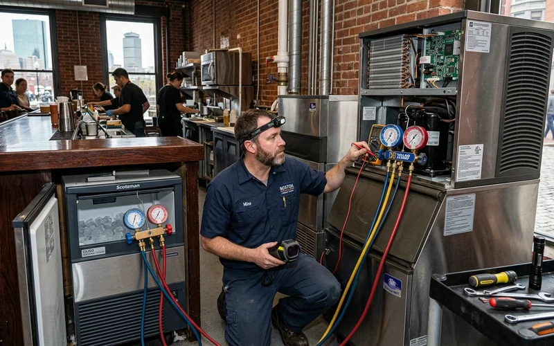 Appliance specialist diagnosing commercial modular ice cuber and under-counter ice machine with manifold gauges