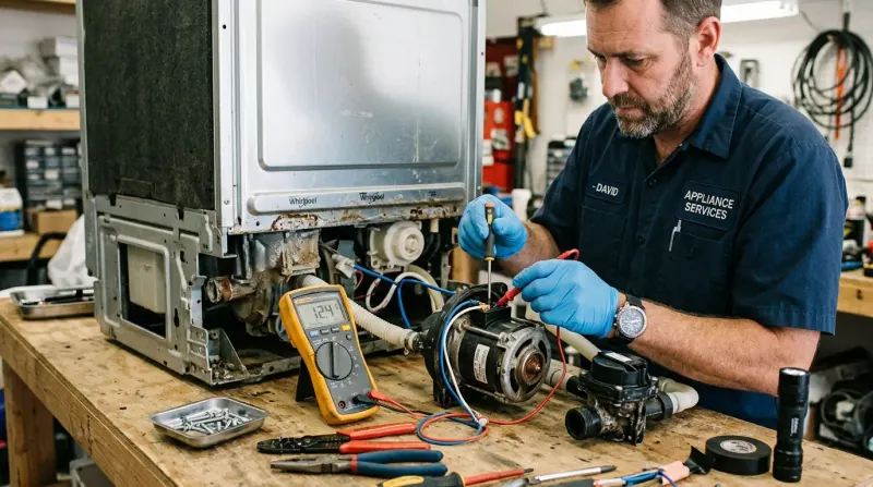 Appliance repair specialist disassembling and testing a dishwasher circulation pump motor and drainage valve