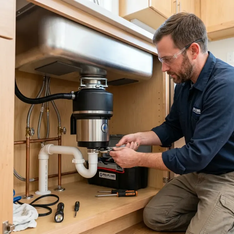 Certified technician repairing and installing an under-sink garbage disposal unit in a Boston kitchen