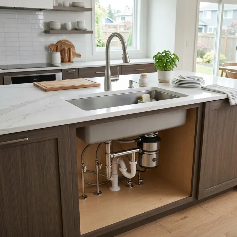 Appliance specialist unjamming food waste disposer flywheel, testing seals, and plumbing connections