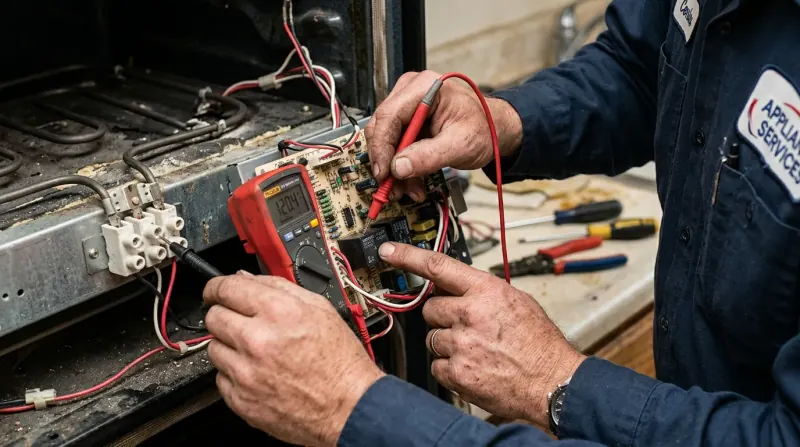 Master technician testing electric oven heating element and electronic control relay board with a multimeter