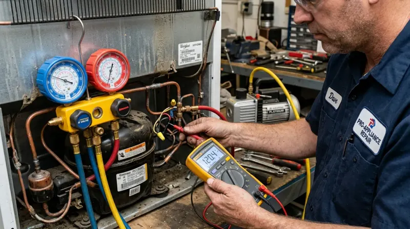 Appliance specialist using digital multimeter and gauges on refrigerator compressor sealed system lines