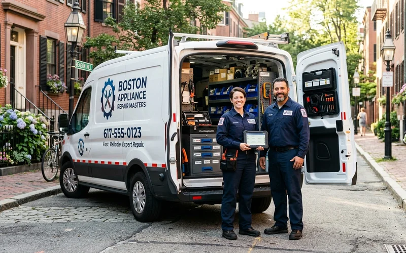 Master appliance repair technicians with service van and diagnostics in Boston neighborhood