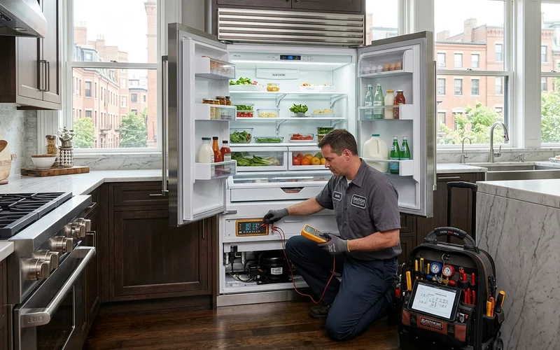 Factory certified technician servicing a Sub-Zero built-in refrigerator in a Boston luxury residence