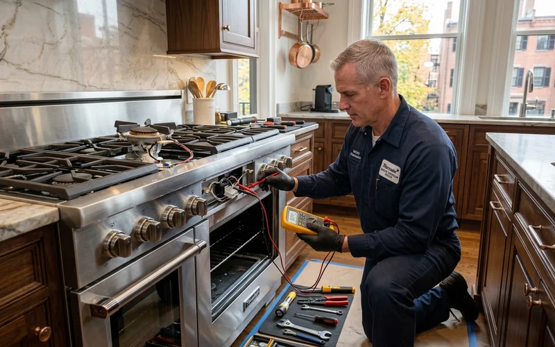 Factory certified technician diagnosing a luxury Thermador Pro Grand gas range with multimeter in Boston