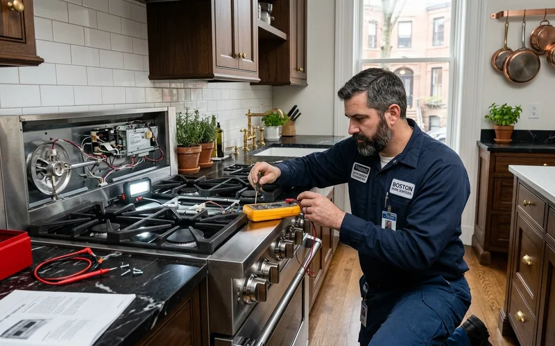 Certified technician servicing a Viking Professional range and oven in a Boston brownstone kitchen