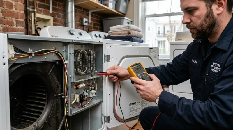 Appliance repair specialist testing dryer heating coils and thermal fuses with a digital multimeter
