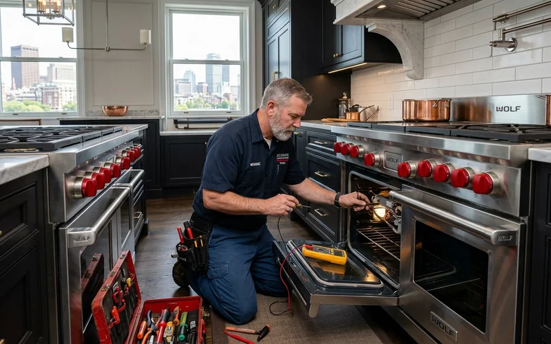 Master mechanic testing a Wolf dual-fuel range and convection oven in a luxury Boston kitchen